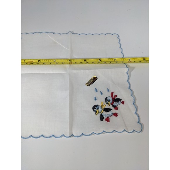 Vintage Penguins Hanky Handkerchief Pocket Scarf Blue Scalloped Edges Red Yellow - Picture 5 of 7